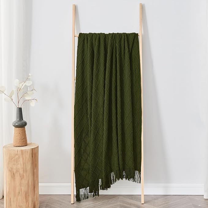 inhand Knitted Throw Blankets for Couch and Bed, Soft Cozy Knit Blanket with Tassel, Dark Green Lightweight Decorative Blankets and Throws, Farmhouse Warm Woven Blanket for Men and Women, 50"x60"-Ruum Studio Home