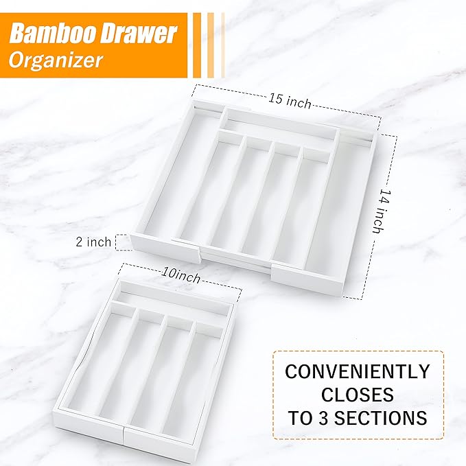 Bellsal White Silverware Organizer Kitchen Drawer Organizer Expandable Bamboo Utensil Holder Cutlery Tray for Kitchen Utensil and Flatware Bedroom Office-Ruum Studio Home
