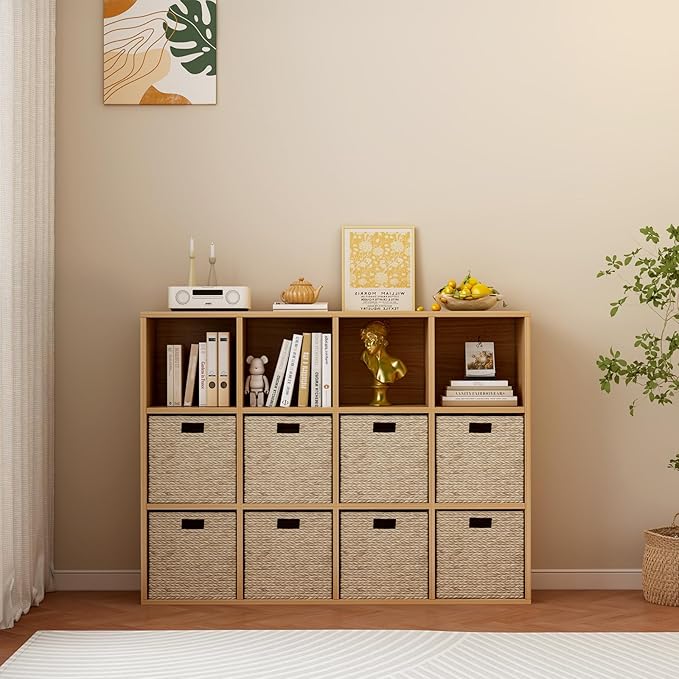12-Cube Storage Shelf Bookcase - Wooden 3-Tier Floor Standing Open Bookshelf for Home and Office, Display Cabinet, Oak-Ruum Studio Home