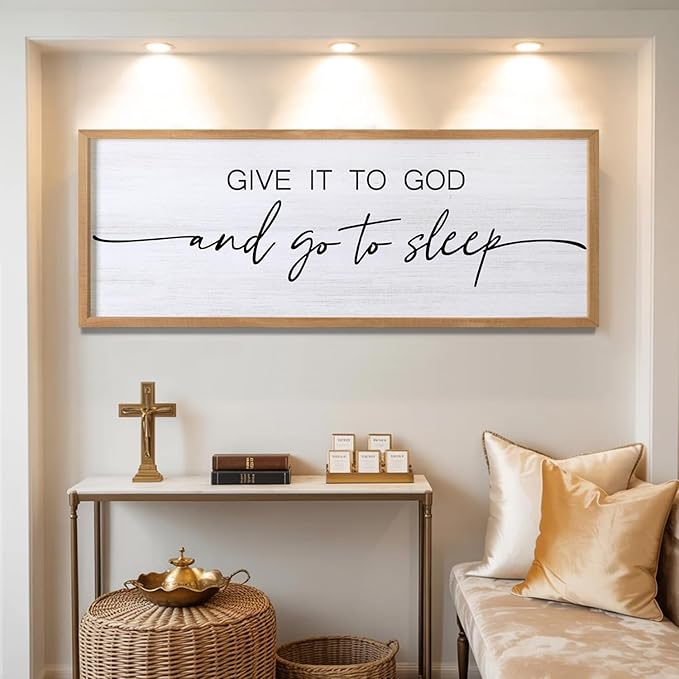 Give It to God and Go to Sleep Decorative Rustic Sign & Plaque Framed Wall Art for Couples, 40''×15'' Vintage Cottagecore Wooden Horizontal Wall Decor Above Bed, Farmhouse Wedding Gift for Bedroom-Ruum Studio Home