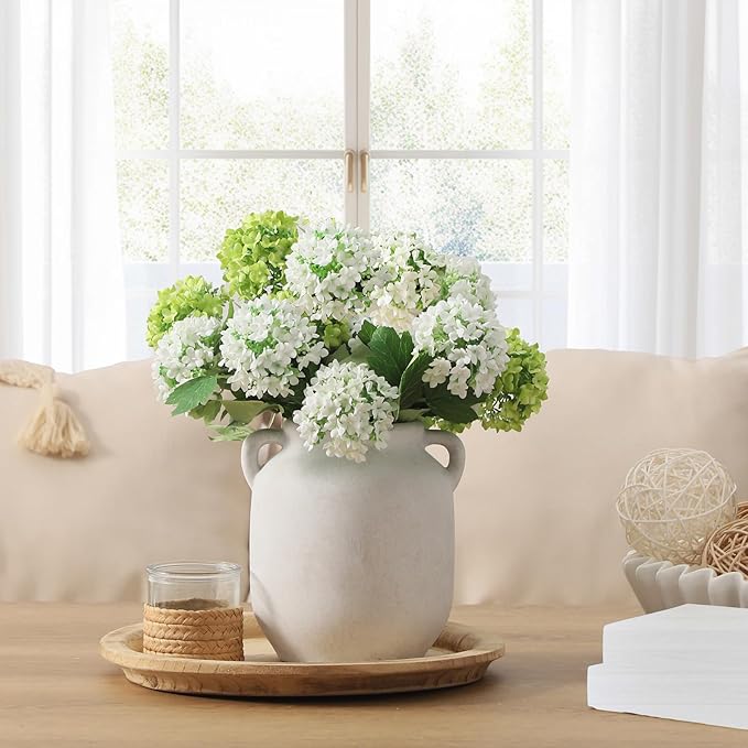 Ceramic Flower Vase Home Decor - 7.6 Inch Farmhouse Rustic White Table Vases with Handle Living Room Decoration Decorative Vintage Pottery for Kitchen Shelf Coffee Dining Desk Bookshelf Fireplace-Ruum Studio Home