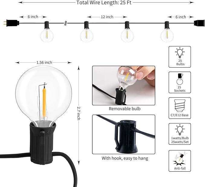 Brightown LED String Lights Outdoor 25Feet G40 Patio Lights with 25 Shatterproof Bulbs, Waterproof Globe Hanging Lights for Backyard Porch Bistro Balcony Decor, E12 Socket-Ruum Studio Home