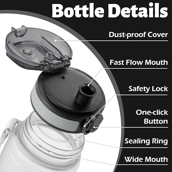 OLDLEY 25 oz Water Bottle, Motivational Water Bottle with Time Marker, Sports Water Bottle With Strap, Leakproof & BPA Free Large Water Bottles for School, Gym, Travel, Outdoor, Tritan,White&Black-Ruum Studio Home