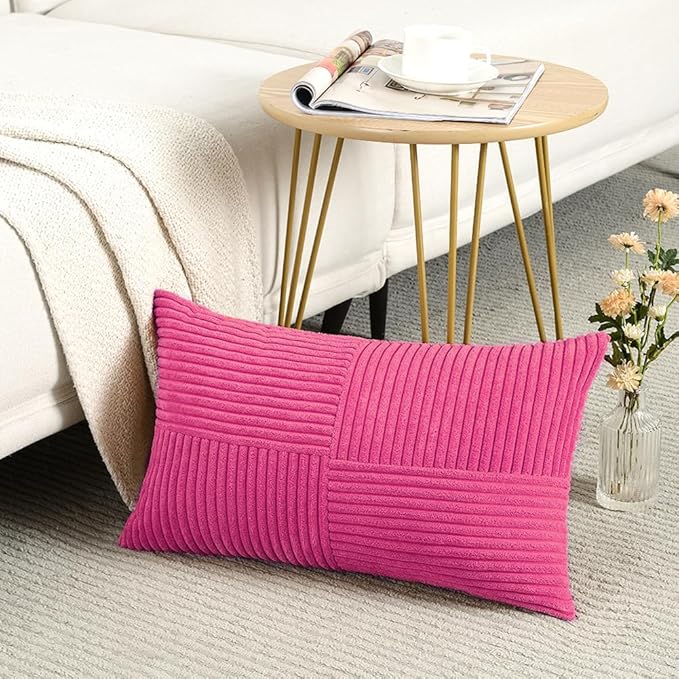 Fancy Homi 2 Packs Hot Pink Lumbar Decorative Throw Pillow Covers 12x20 Inch for Living Room Couch Bed Sofa, Rustic Farmhouse Boho Home Decor, Soft Striped Corduroy Rectangle Accent Cushion Case-Ruum Studio Home