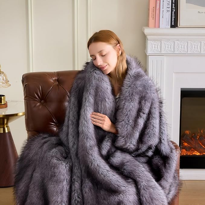 Fluffy Faux Fur Throw Blanket – Super Soft Warm Thick Plush Blanket for Bed, Couch & Office, Cozy Fuzzy Throw with Flannel Backing,60"x80", Grey-Ruum Studio Home