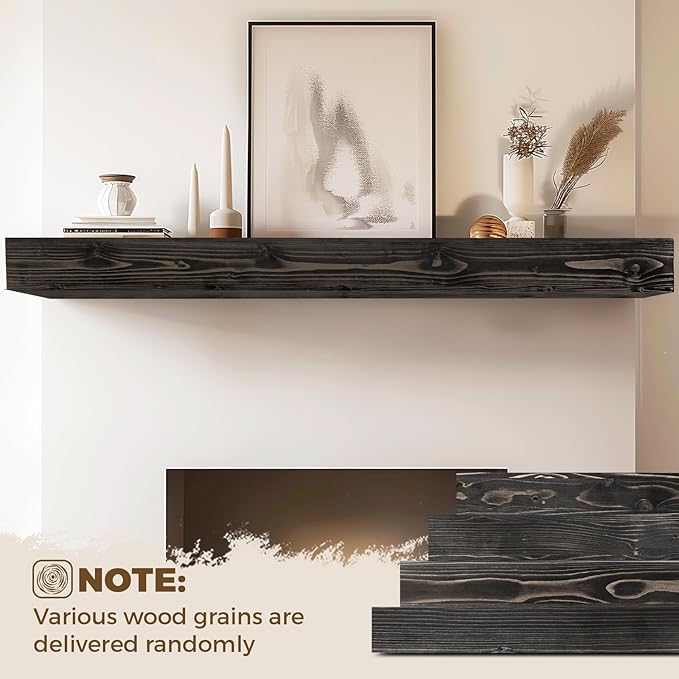 72x8x5 Fireplace Mantel - Handcrafted Hollow Rustic Solid Wood Wall Mounted Floating Shelf with Invisible Heavy Duty Wood Bracket (Weathered Black)-Ruum Studio Home