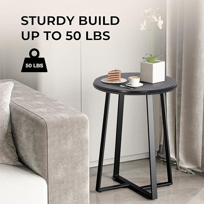 Round End Table, Small Side Table Black Color MDF Top, Metal Frame Black, Tall End Side Table for Bed Room, Coffee Tea End Table for Living Room(Round Black)-Ruum Studio Home
