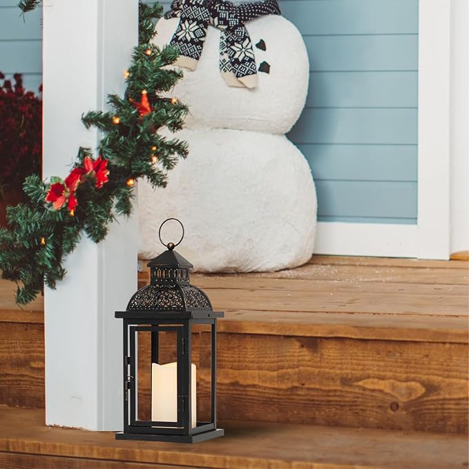DECORKEY No Glass Lanterns Decorative Indoor & Outdoor, 15'' Candle Lantern Decorative Christmas Indoor Outdoor Decor, Vintage Metal Hanging Lanterns with LED Candle for Patio, Front Porch,Yard, Table-Ruum Studio Home