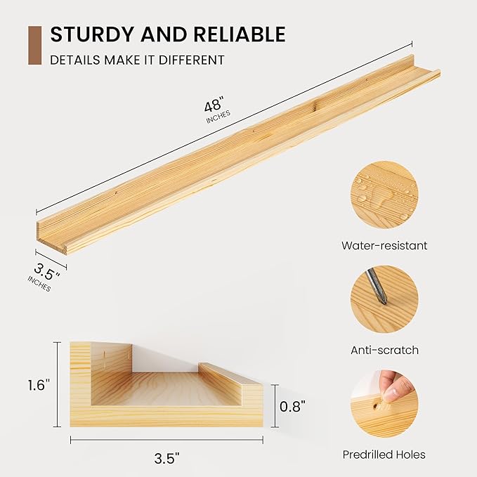 Picture Ledge Shelf, Solid Pine Wood Floating Shelves Set of 2, 48 Inches Nursery Book Shelves for Toys Storage, Kids Bookshelf Wall Mounted for Living Room Bedroom Decor Books Photo Frames, Natural-Ruum Studio Home