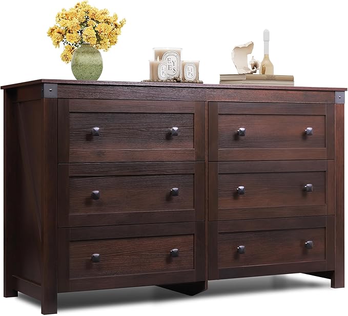 WLIVE Farmhouse 6 Drawer Dresser for Bedroom, 53.07'' Wide Wood Dresser, Storage Organizer with Double Rustic Handle, TV Stand for 60 inch TV, Chest of Drawers for Living Room, Hallway, Brown-Ruum Studio Home
