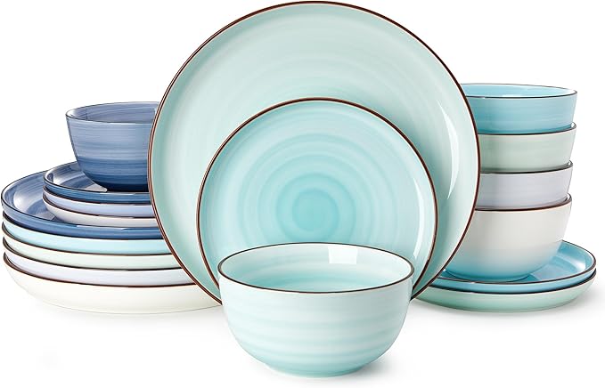 Sweese Plates and Bowls Sets, 18 Piece Dinnerware Set Porcelain Round Dinner Set for 6, Scratch Resistant Dishes Set, Dishwasher and Oven Microwave Safe Handpainted Swirl Dishware Sets, Assorted Blue-Ruum Studio Home