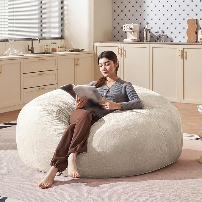 Bean Bag Chair 6Ft, Memory Foam Filled, Large Beanbag Chairs for Adults and Teens, Soft Sofa with Removable Flannel Cover, Round Couch for Living Room Bedroom College Dorm (Apricot, 6FT-67×67"×24")-Ruum Studio Home