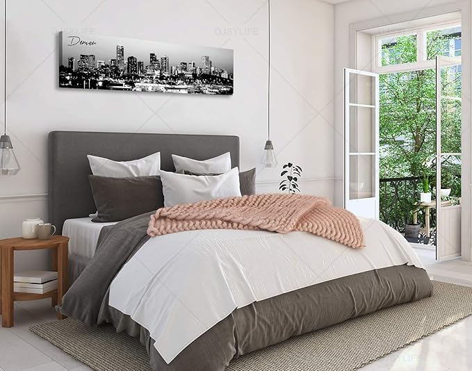 Black and White Wall Art Denver Skyline Cityscape Skyscrapers Canvas Print Painting Landscape USA City Buildings Pictures Modern Artwork for Man Room Office Living Room Decoration 13.8"x47.3"-Ruum Studio Home
