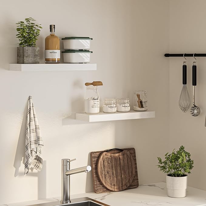 Floating Shelves for Wall, 24" W x 6.7" D x 1.5" H, Wooden Wall Mounted Display Shelves with Invisible Brackets for Living Room, Bedroom, Bathroom, Kitchen Decor and Storage, Set of 2, White-Ruum Studio Home