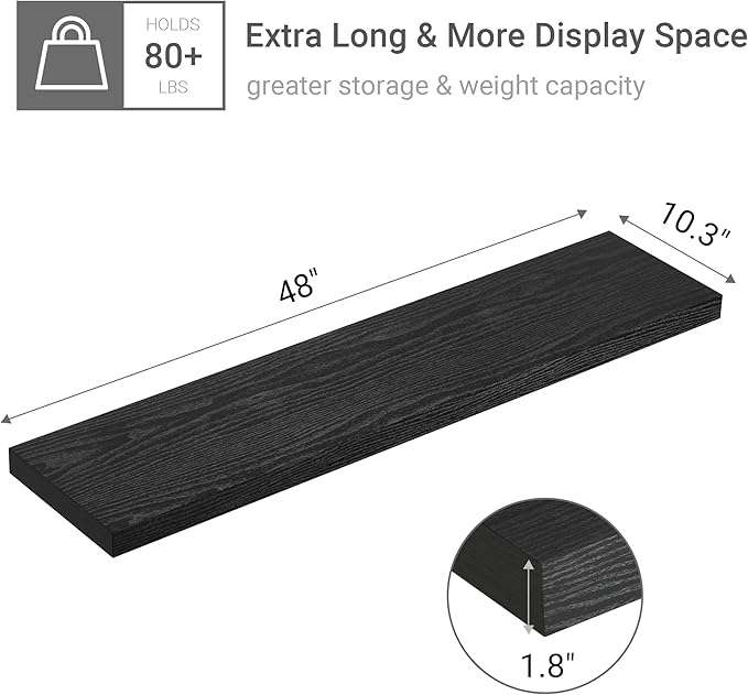 Single Floating Shelves 48 Inches, 48 x 10 inch Deep x 1.8 in Thick, Long Wall Shelves Heavy Duty 80 lbs for Bedroom, Living Room, Kitchen, Office, Modern Shelf Book Home Decor, Black-Ruum Studio Home