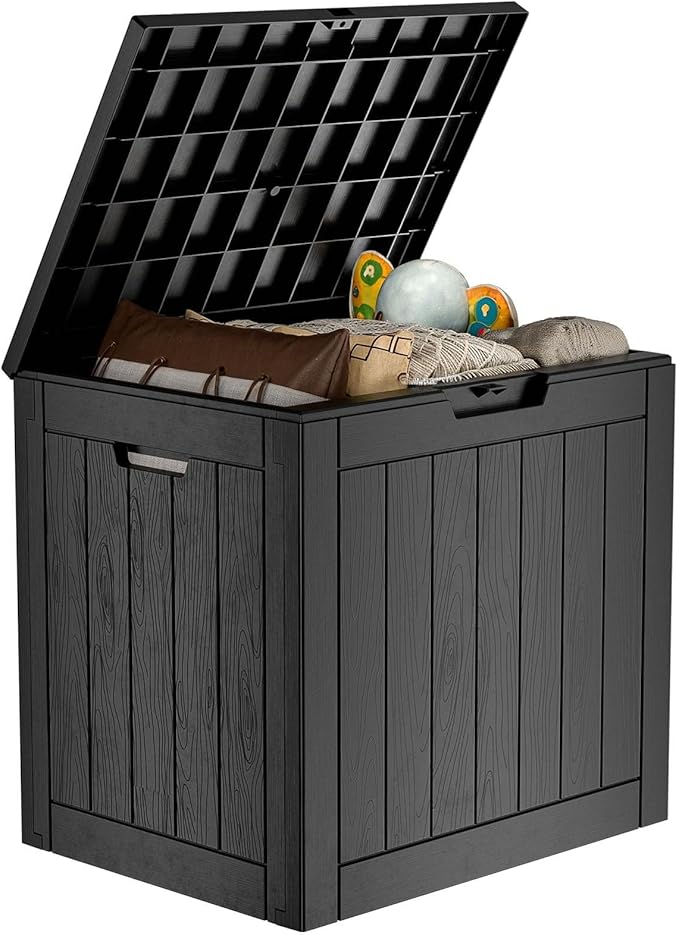 30 Gallon Outdoor Deck Box,Storage Lockable Waterproof Patio Furniture,Garden Tools,Cushions,Pool Accessories Outside Storage Resin Box(Black)-Ruum Studio Home