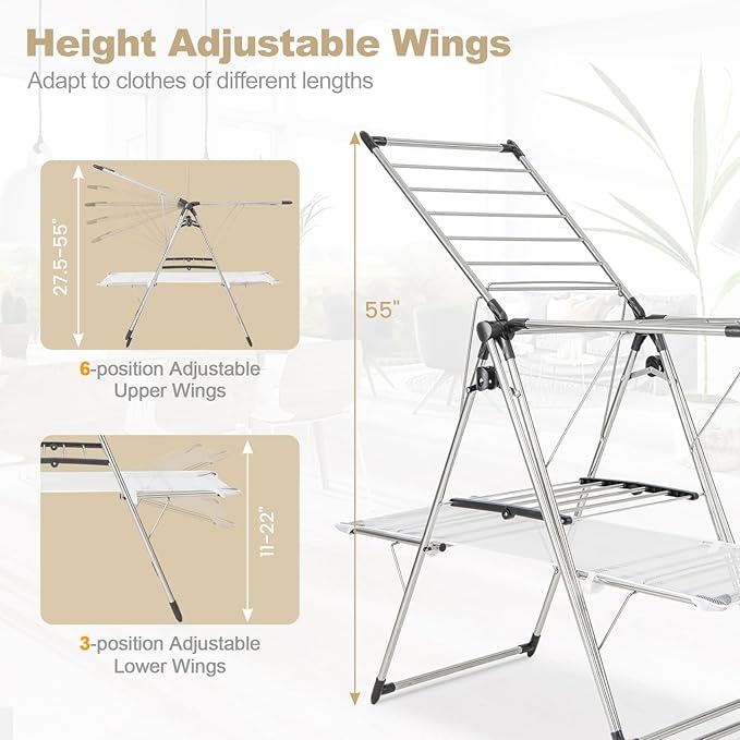 Tangkula Foldable Clothes Drying Rack, 2-Tier Laundry Drying Rack w/Tall Hanging Bar, Height Adjustable Gullwing, Freestanding Garment Stand for Indoor Outdoor Use-Ruum Studio Home