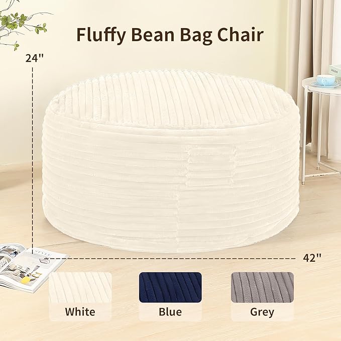 Memory Foam Bean Bag Chair for Adults/Teens, Bean Bag Sofa with Fluffy Removable Cover, for Living Room Bedroom, 4FT White-Ruum Studio Home