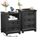 18" Night Stands Set of 2 with Charging Station, Farmhouse 2 & 3 Drawers End Table Dresser for Bedroom, Black Wooden Nightstand, Bed Side Table with Open Shelf, Bedside Cabinet for Living Room-Ruum Studio Home