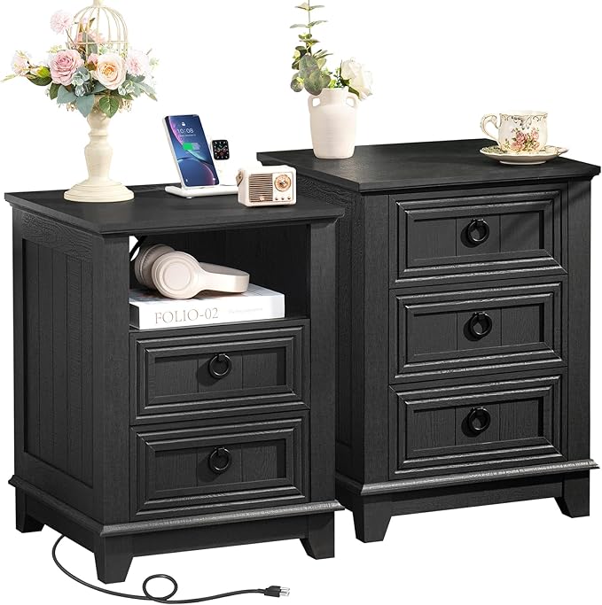 18" Night Stands Set of 2 with Charging Station, Farmhouse 2 & 3 Drawers End Table Dresser for Bedroom, Black Wooden Nightstand, Bed Side Table with Open Shelf, Bedside Cabinet for Living Room-Ruum Studio Home