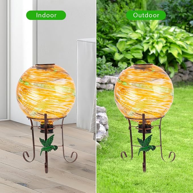 10" Diameter Solar Gazing Ball and 8.5" Metal Stand Indoor Outdoor Garden Ornament Glass Globe Sphere Yard Art Gazing Globe for Garden,Home,Lawn,Porch,Patio Birthday Gift for Women(Orange)-Ruum Studio Home