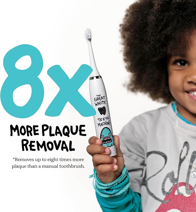 Kids Electric Toothbrush - Rechargeable Vibrating Toothbrush with Timer, Includes 6 Replacement Heads, Gently Cleans Little Teeth, for Girls and Boys, Kids & Toddlers Age 2+, Shark-Ruum Studio Home