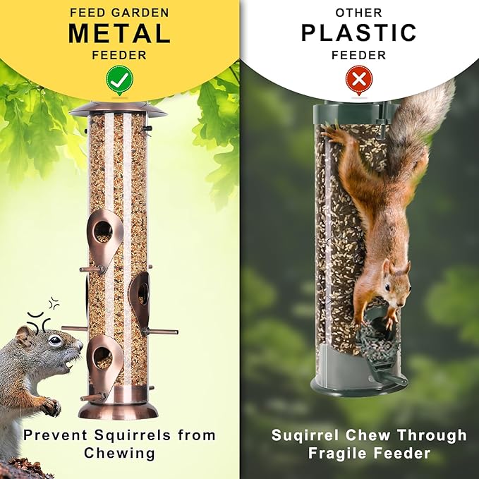 FEED GARDEN Metal Bird Feeders for Outdoors Hanging, 6-Port Tube BirdFeeders for Outside, Finch Feeders for Outside, Brushed Copper Finishing, Bird Feeder with Heavy Duty Metal Lid, Chew-Proof 1 Pack-Ruum Studio Home