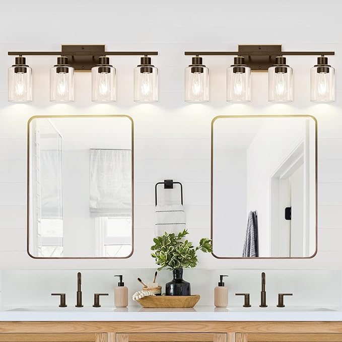 4 Light Bathroom Light Fixtures, Oil-Rubbed Bronze Modern Vanity Lights with Clear Glass Shades, Bathroom Wall Lamp for Mirror Living Room Cabinet-Ruum Studio Home