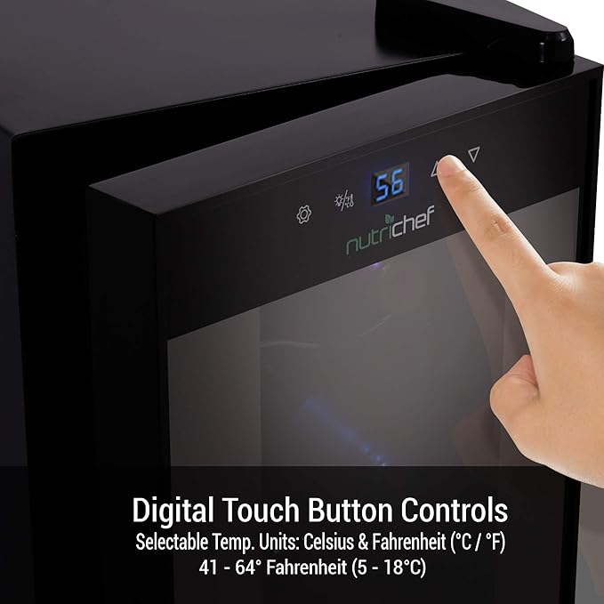 NutriChef PKCWC120 White & Red Cooler-Freestanding Countertop Compact Mini Wine Fridge Chiller Capacity, Digital Control, Glass Door, 12 Bottle-Black-Ruum Studio Home