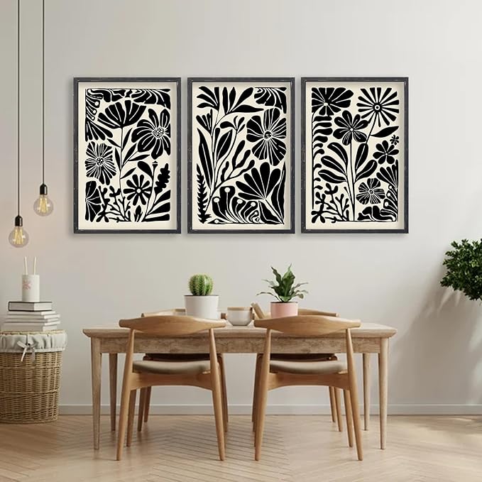 Abstract Floral Botanical Wall Art 16x11 Inch 3 Piece Black Vintage Boho Plant Flower Minimalist Wood Frame Sign Home Living Room Family Office Mid Century Print Wall Hanging Decor (Black)-Ruum Studio Home