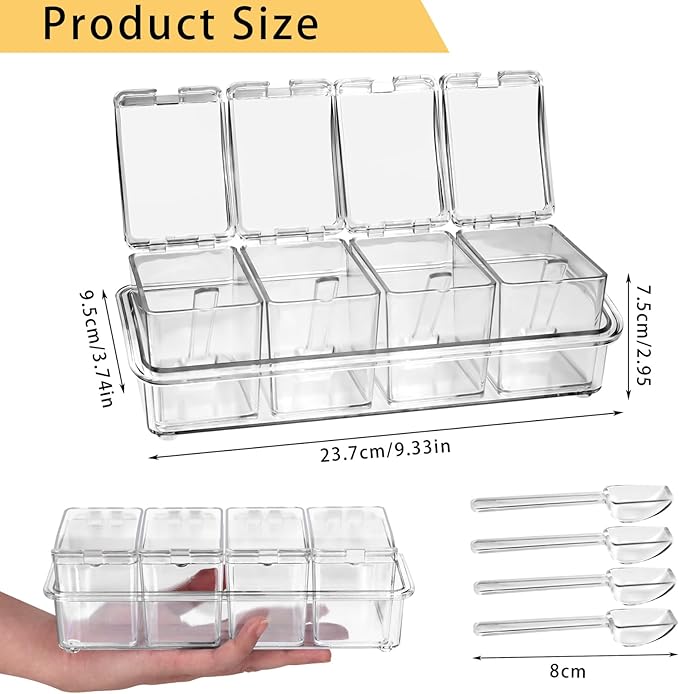 4-Cell Clear Seasoning Rack Spice Box, Storage Container Condiment Jars Acrylic Seasoning Box with Cover and Spoon (Basic Clear)-Ruum Studio Home