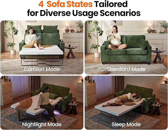 CHIC HOUSE Pull Out Sofa Bed, Full Size Sleeper Sofa, 2-in-1 Convertible Chenille Couch with USB Charging, Memory Form Couch for Living Room, Apartment & Small Space (Green, Chenille - Full)-Ruum Studio Home