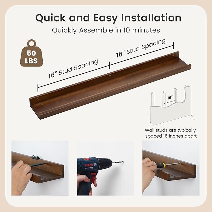 Picture Ledge Wall Shelves 36 inches Width Set of 3, Solid Pine Wood Rustic Floating Ledge Shelves for Wall for Kids' Room Bedroom Kitchen Bathroom Living Room Nursery Display Wall Decor, Walnut-Ruum Studio Home