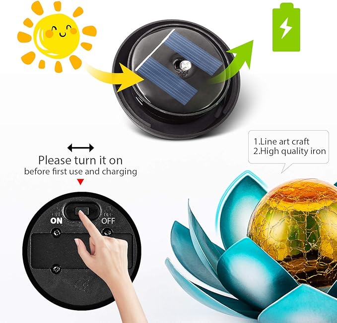 Solar Light Outdoor(2Pack), Art Crackle Globe Glass Lotus Decoration, Solar LED Waterproof Blue Metal Flower Lights for Patio,Lawn,Walkway,Tabletop-Ruum Studio Home
