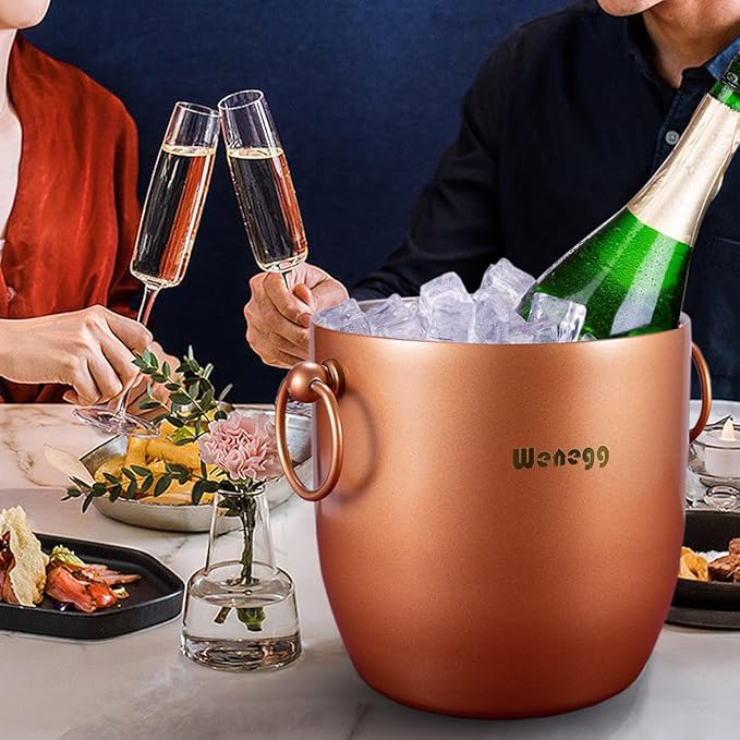 Ice Bucket with Lid, Scoop, Tongs and Strainer - Well Made Insulated Stainless Steel Keep Ice Frozen Longer - Ideal for Cocktail Bar, Parties, Chilling Wine, Champagne - 3 Liter (Copper)-Ruum Studio Home