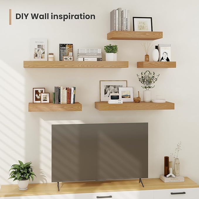 Heimlove 12 Inch Deep Floating Shelves, 12 x 12 inches Long Wall Shelf, Large Extra Display Shelf & Storage Shelf, Rustic Wood Wall Shelves for Fireplace Mantel, Oak - 2Pack-Ruum Studio Home