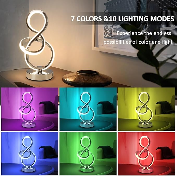 Modern Spiral Table Lamp, 7 Colors 10 Light Modes LED Nightstand Small Lamp with USB C+A Ports, Touch Dimmable Lamps for Living Room Bedroom Bedside, Unique & Cool Lamps,Silver-Ruum Studio Home