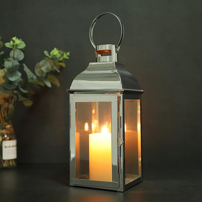 JHY DESIGN Silver Decorative Lanterns 12.5''High Stainless Steel Candle Lanterns with Tempered Glass for Indoor Outdoor Events Parities and Weddings Vintage Style Hanging Lamps-Ruum Studio Home