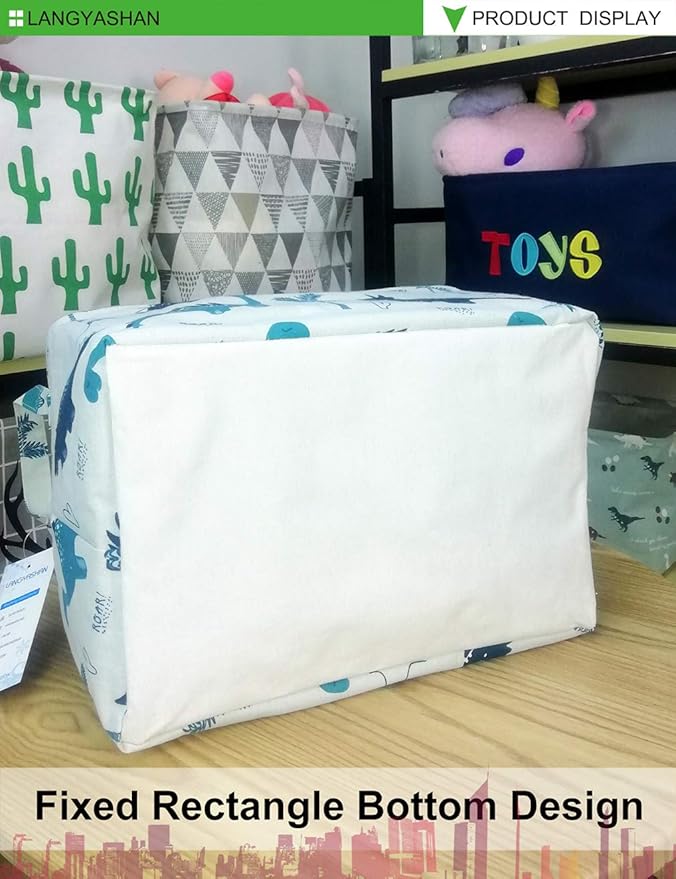 LANGYASHAN Rectangular Storage Bin Collapse Canvas Fabric Cartoon Storage Basket with Handles for Organizing Home Kitchen Boys and Girls Toys Office Closet Shelf Baskets (Rec green dinosaur)-Ruum Studio Home