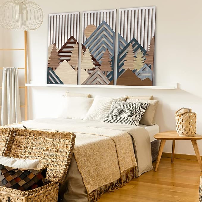 IARTTOP Abstract Mountain Wood Wall Art Large geometric Forest Pine Trees Wooden Wall Decor Boho Sun Nature Landscape Wall Decor for Bedroom Living Room Office-16 x32 Inch Set of 3-Ruum Studio Home