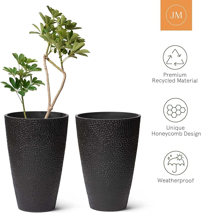 LA JOLIE MUSE 20inch Tall Black Planters Set of 2,Large Planters for Outdoor Plants,Flower Containers for Front Porch, Honeycomb-Ruum Studio Home