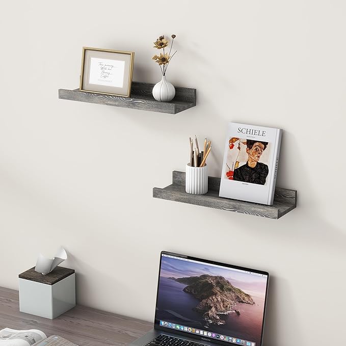 Picture Ledge Wall Shelves 16 inch Width Set of 2, Solid Pine Wood Rustic Floating Ledge Shelves for Wall for Kids' Room Bedroom Kitchen Bathroom Living Room Nursery Display Wall Decor, Grey-Ruum Studio Home