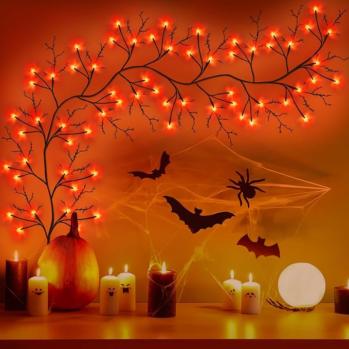 7 Ft Halloween Decorations Willow Vine Twig Garland with 8 Modes Timer 63 LED Orange Lights, Halloween Garland with Waterproof Battery Operated for Wall Fireplace Decorations Indoor Outdoor-Ruum Studio Home