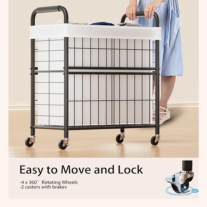 Laundry Hamper 3 Section, 145L Rolling Laundry Sorter Basket with Wheels, 3 Compartment Clothes Organizer Cart, Pull-Out Removable Bags for Laundry Room, Bathroom, Bedroom, White-Ruum Studio Home