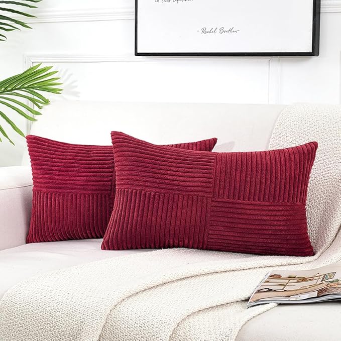 Fancy Homi 2 Packs Burgundy Long Lumbar Decorative Throw Pillow Covers 12x24 Inch for Couch Bed Sofa, Rustic Farmhouse Boho Home Decor, Soft Striped Corduroy Rectangle Accent Cushion Case 30x60 cm-Ruum Studio Home