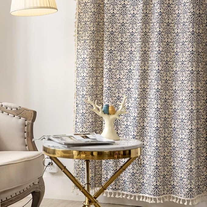 Sutuo Home Boho Curtain 84 Inches Length Semi-Blackout Bohemian Damask Moroccan Florals Print Darkening Curtains Tassels, Rod Pocket Window Treatment Drapes for Bedroom, 1 Panel 59" W x 84" L, Blue-Ruum Studio Home