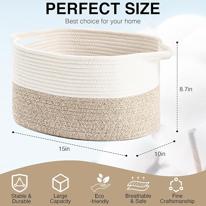 Cotton Rope Woven Storage Basket, Used for Baby Hamper Toy Organizer, Gift Baskets Empty,Kids Laundry Basket,Baby Blanket Basket. Size 15x10x8.7 Inches. (White&Brown-3PCS)-Ruum Studio Home