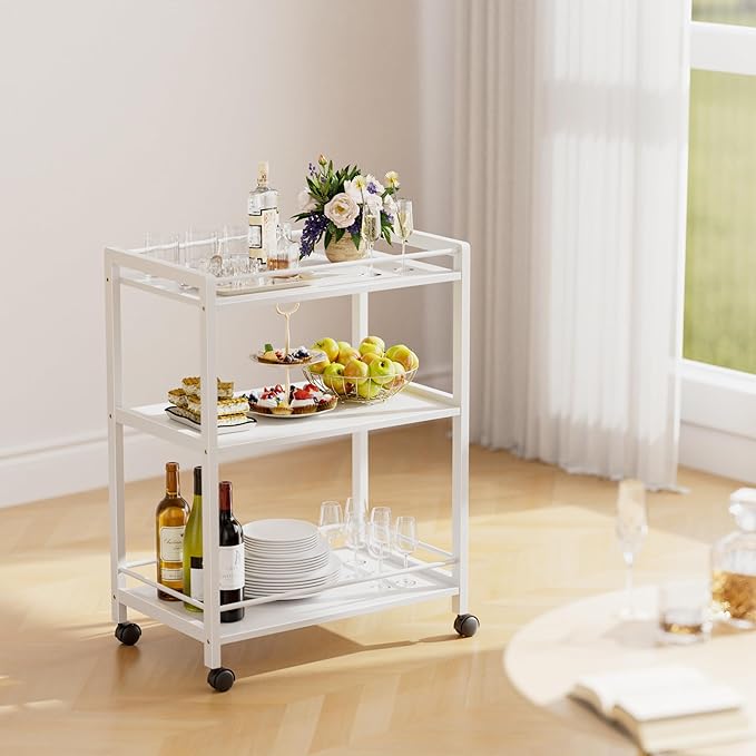 HITNET White Bar Cart, Home Bar Serving Cart, Kitchen Trolley on Wheels with Storage, 3 Tier Rolling Beverage Cart for Living Room Kitchen Home Office-Ruum Studio Home