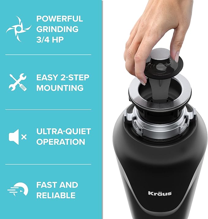 KRAUS WasteGuard 3/4 HP Ultra-Quiet Garbage Disposal with Quick Connect, Kitchen Sink Drain Cover, Power Cord and Flange Included, KWD100-75MBL-Ruum Studio Home