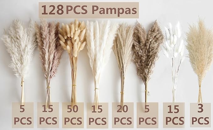 130 PCS Dried Pampas Grass Bouquet, Boho Table Decor, Bunny Tails Dried Flowers, Brown Pampas, Fluffy Pompas, White Pampas Grass for Weddings, Home Decor, Rustic Parties, and Baby Shower Decorations-Ruum Studio Home